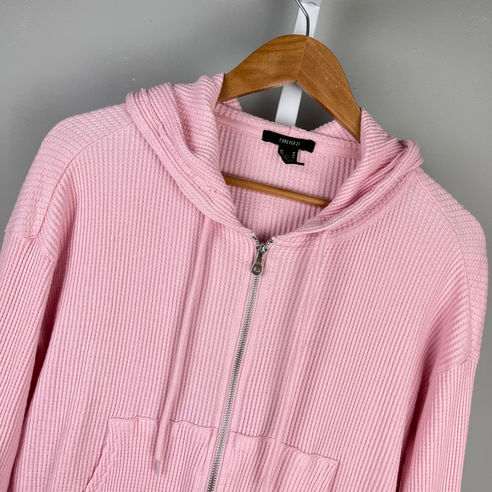 Forever 21 Thermal Waffle Knit Cropped Hoodie Womens M Pink Jacket Zip Up‎